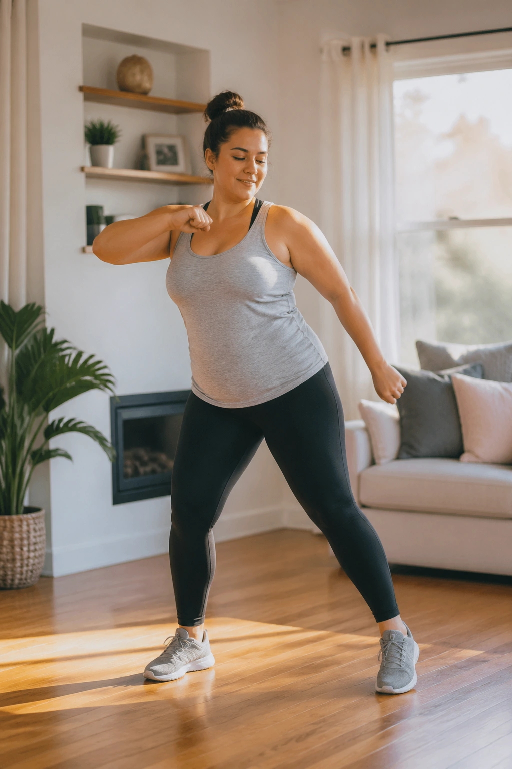 Woman performing low-impact dance cardio in a living room