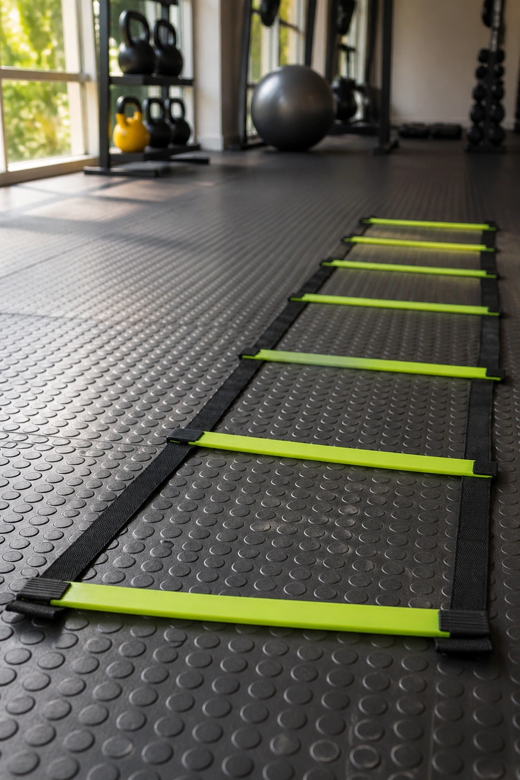 Close-up of a low-impact cardio ladder on a gym floor ready for gentle intervals