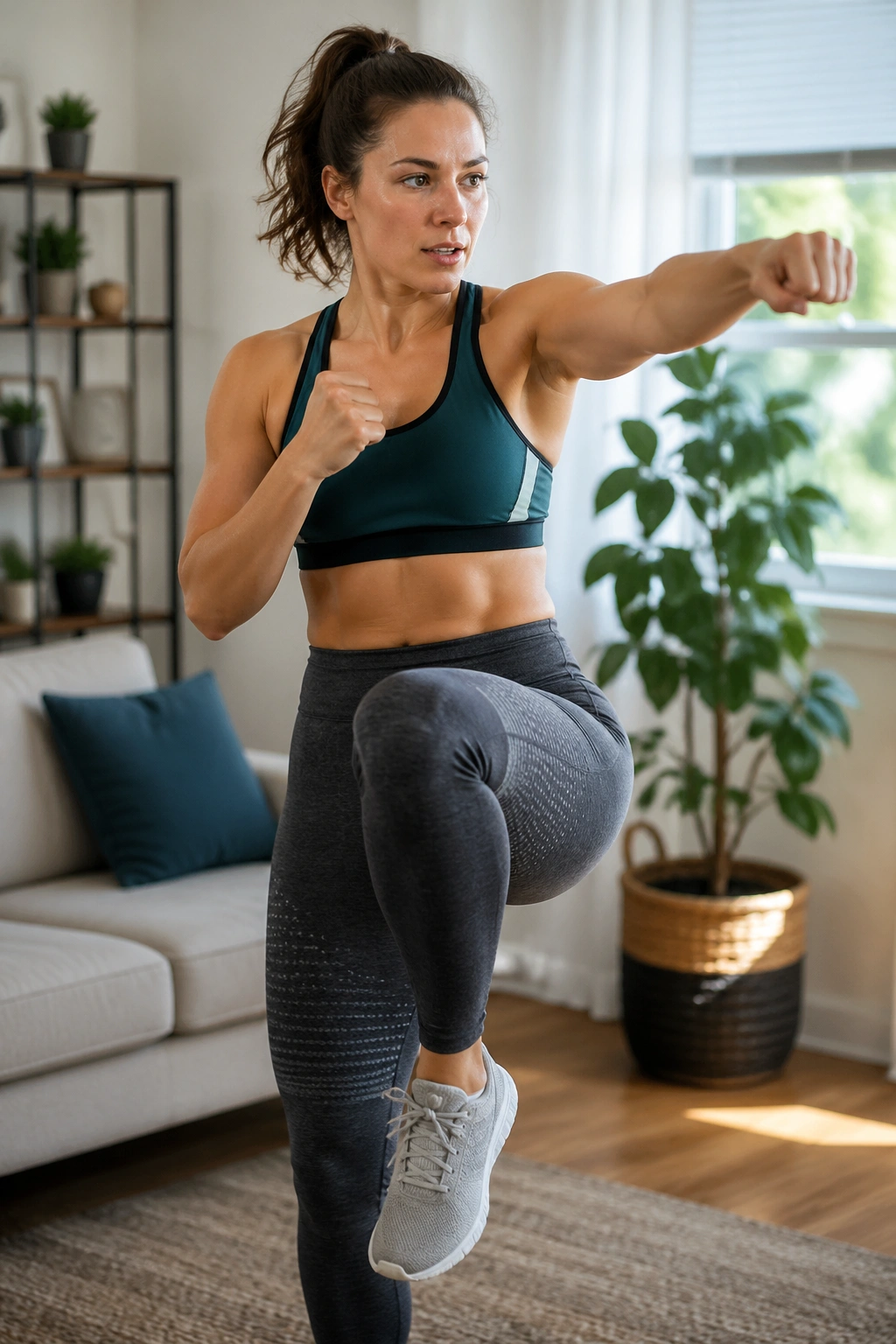 Medium shot of a person marching with punches in a sunlit living room
