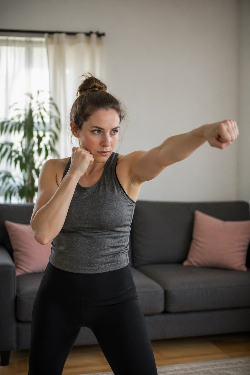 Person performing low-impact shadow boxing in a living room