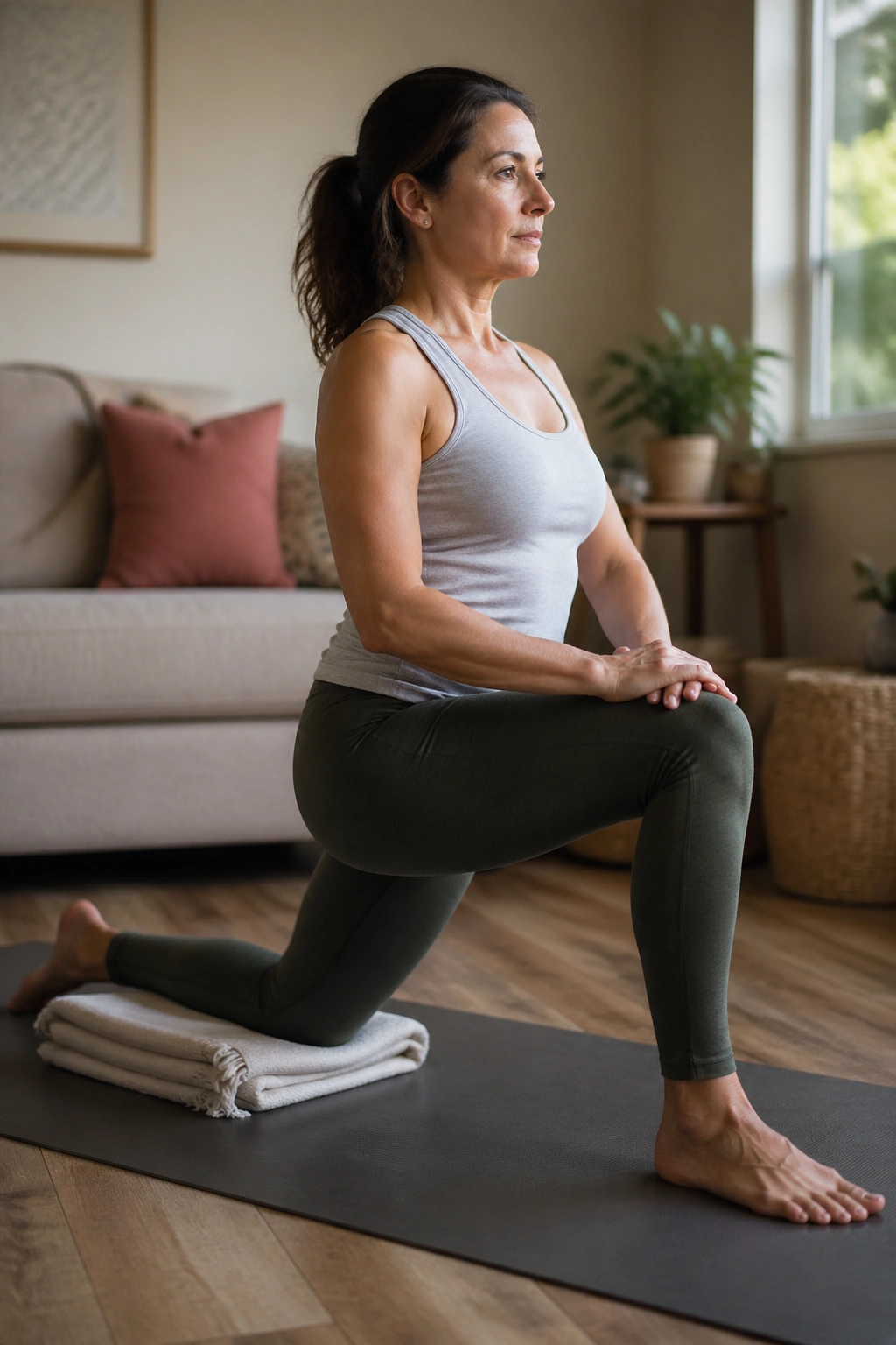 Close-up of a person performing Low Lunge with back knee on a folded blanket in a sunlit living room
