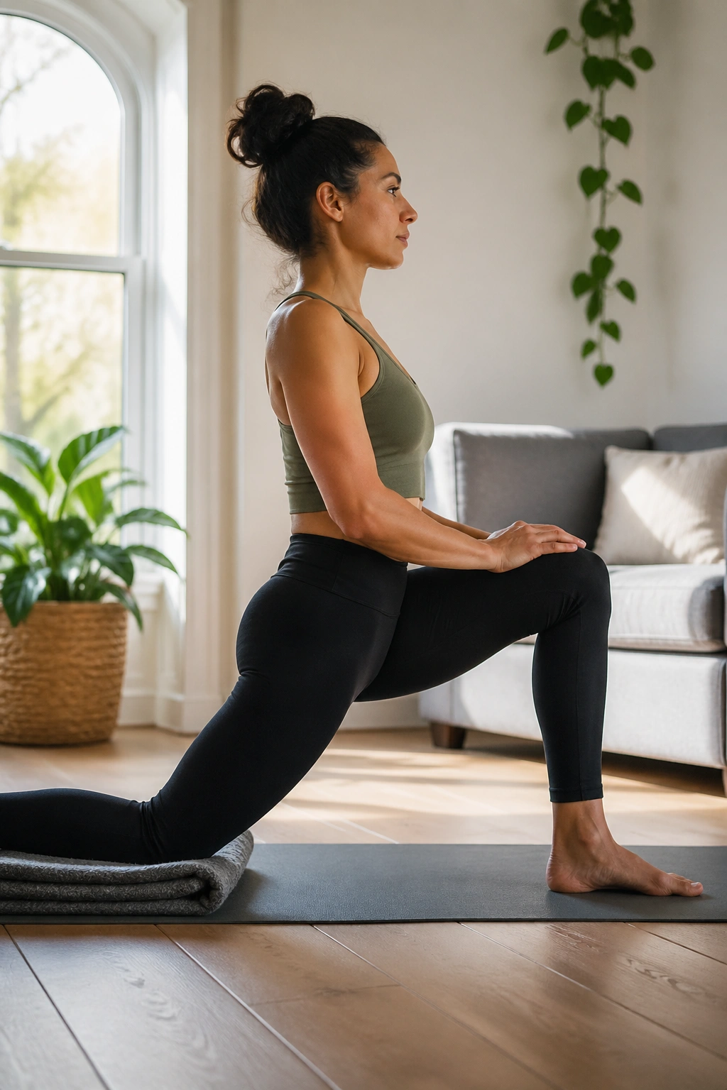 Side-profile of a person in low lunge with back knee down on a yoga mat