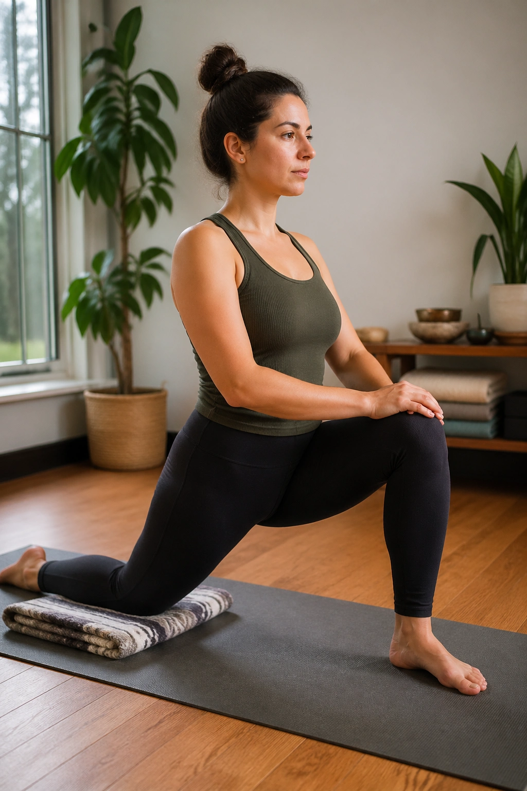 Person in Low Lunge hip stretch with knee over ankle and neutral pelvis