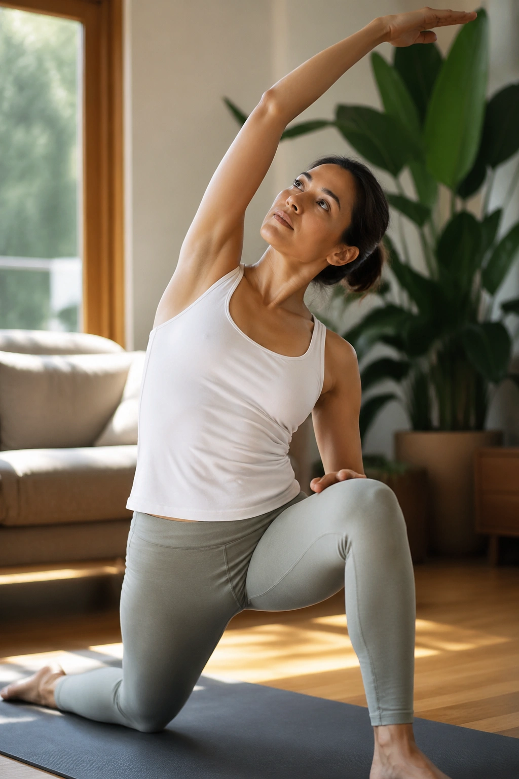Real person in a low lunge with side bend, torso lengthened and arm overhead.