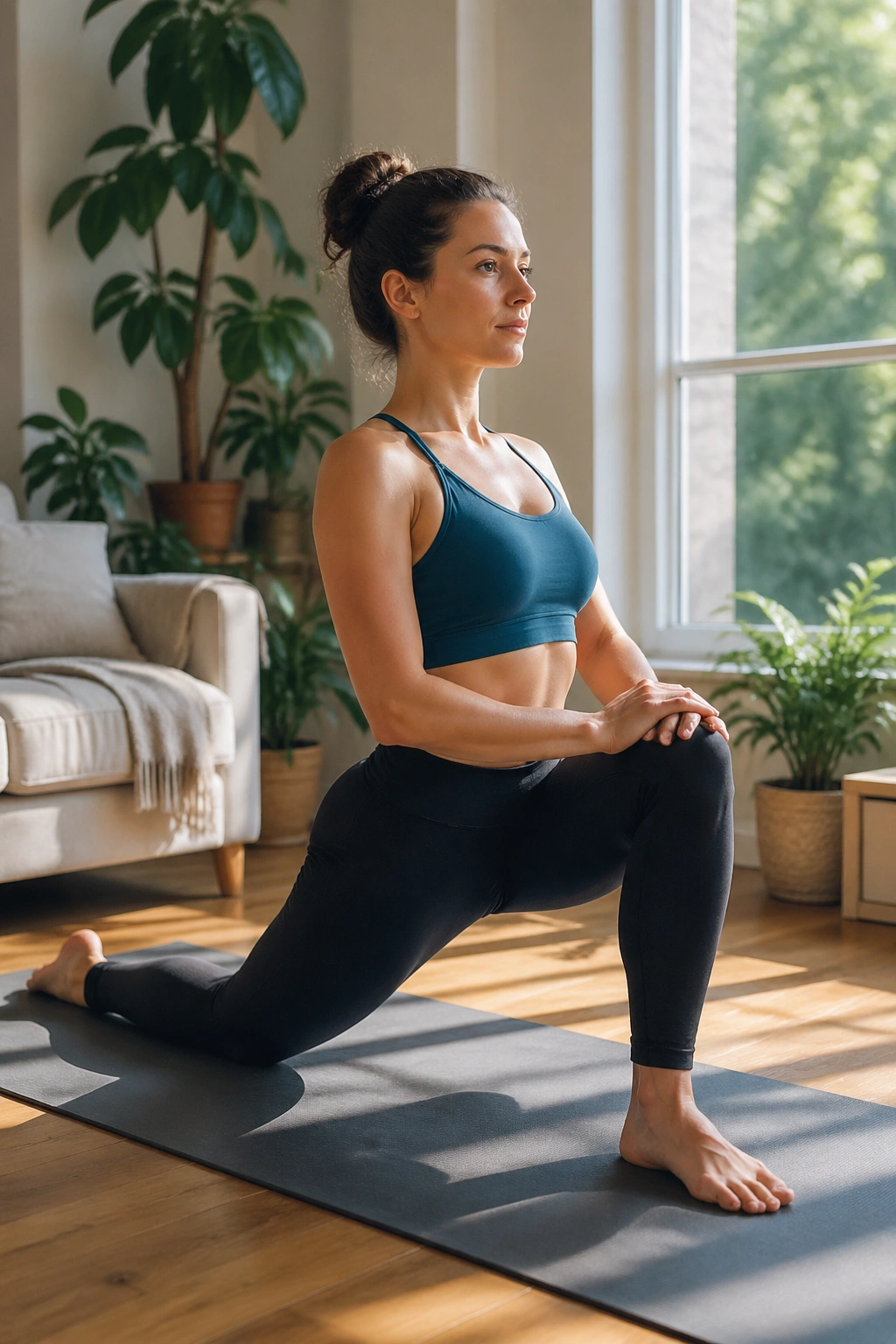 Real person in a low lunge with upright torso in a sunlit living room