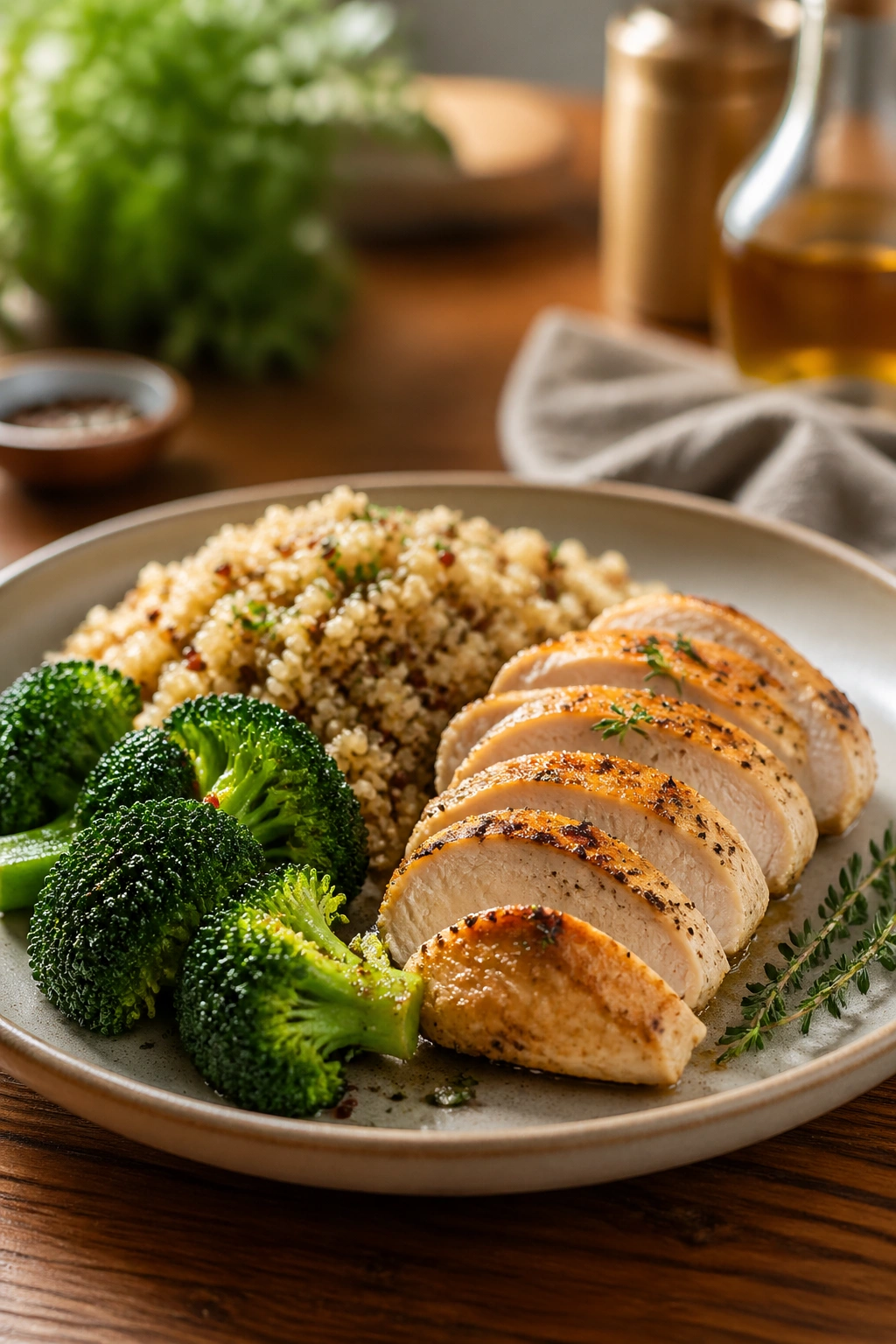 Close-up of a low-sodium dinner plate with chicken, quinoa, and broccoli.