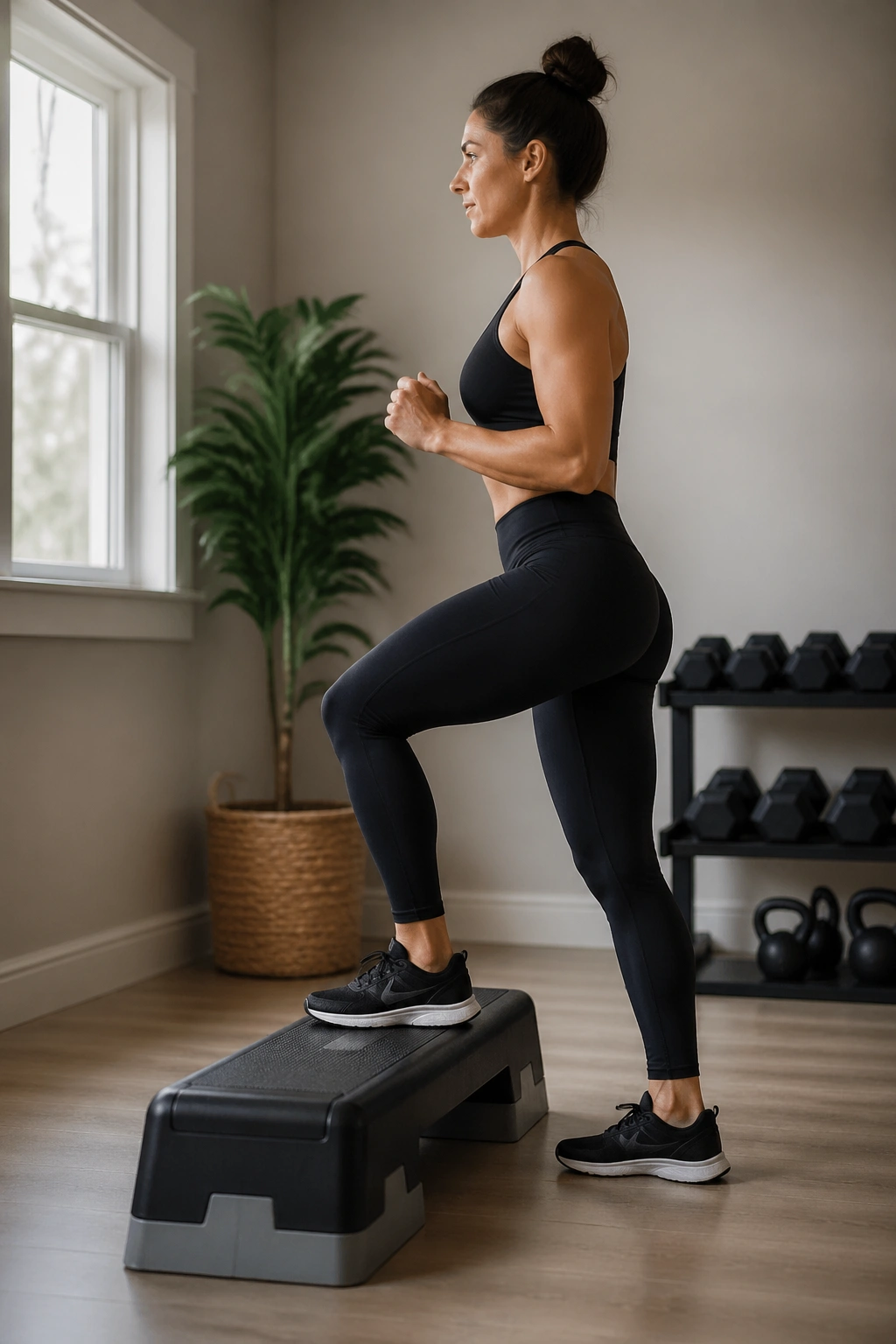 Real person performing low step-ups on a small platform for leg and core strength.