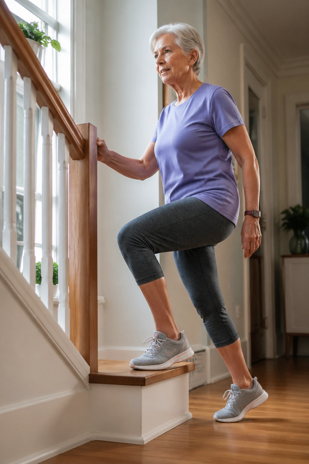 Older woman performing low step-ups on a stable stair in a bright home setting
