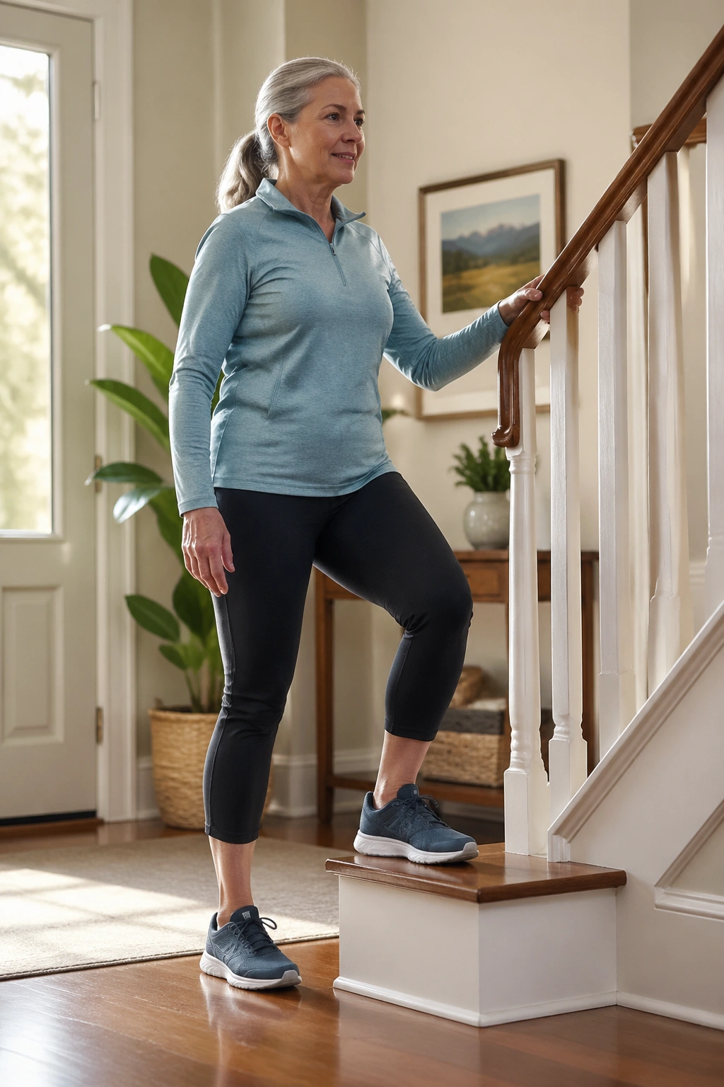 Person performing low step-ups on a small step in a home setting.