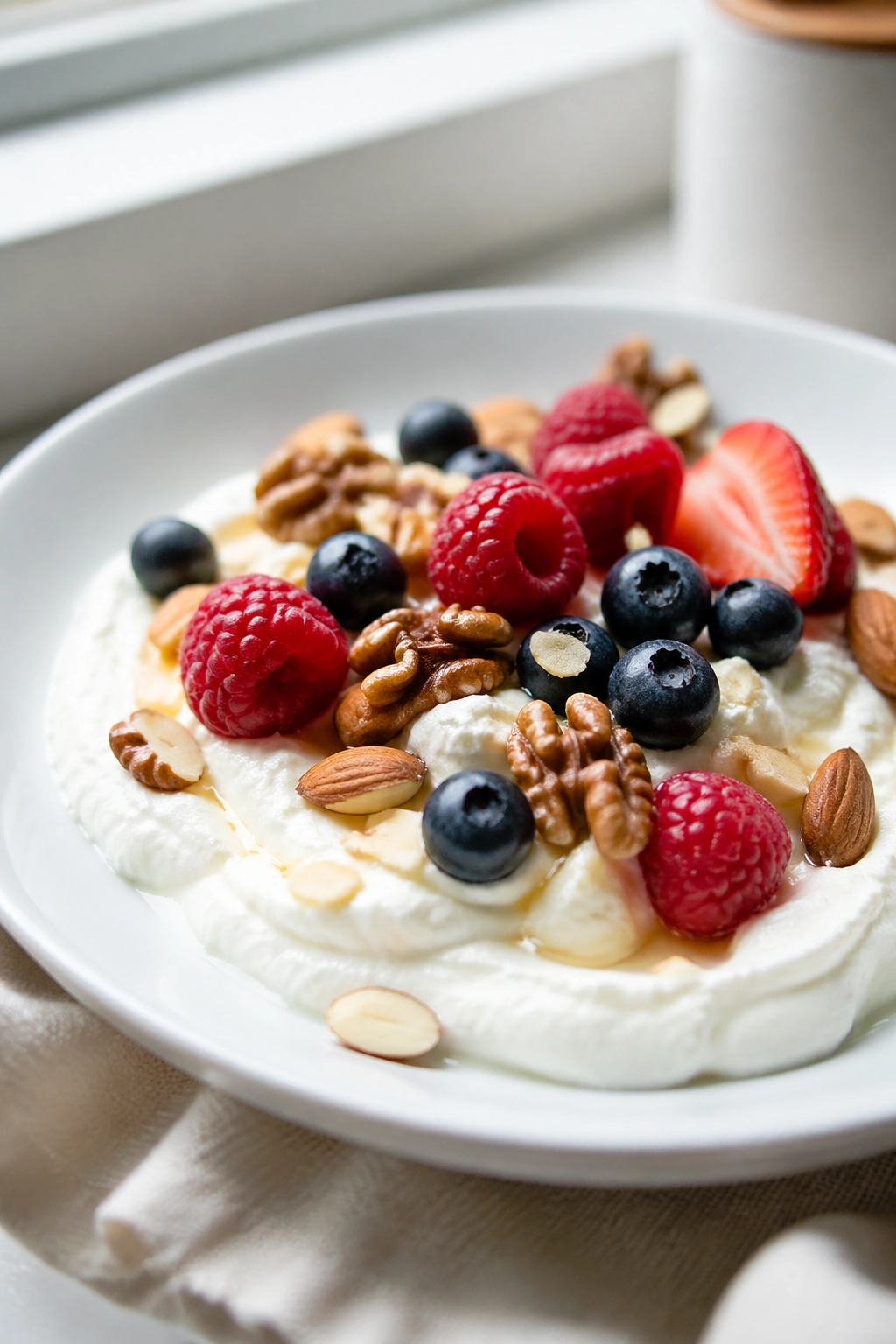 Yogurt bowl with berries and nuts for a low-sugar breakfast
