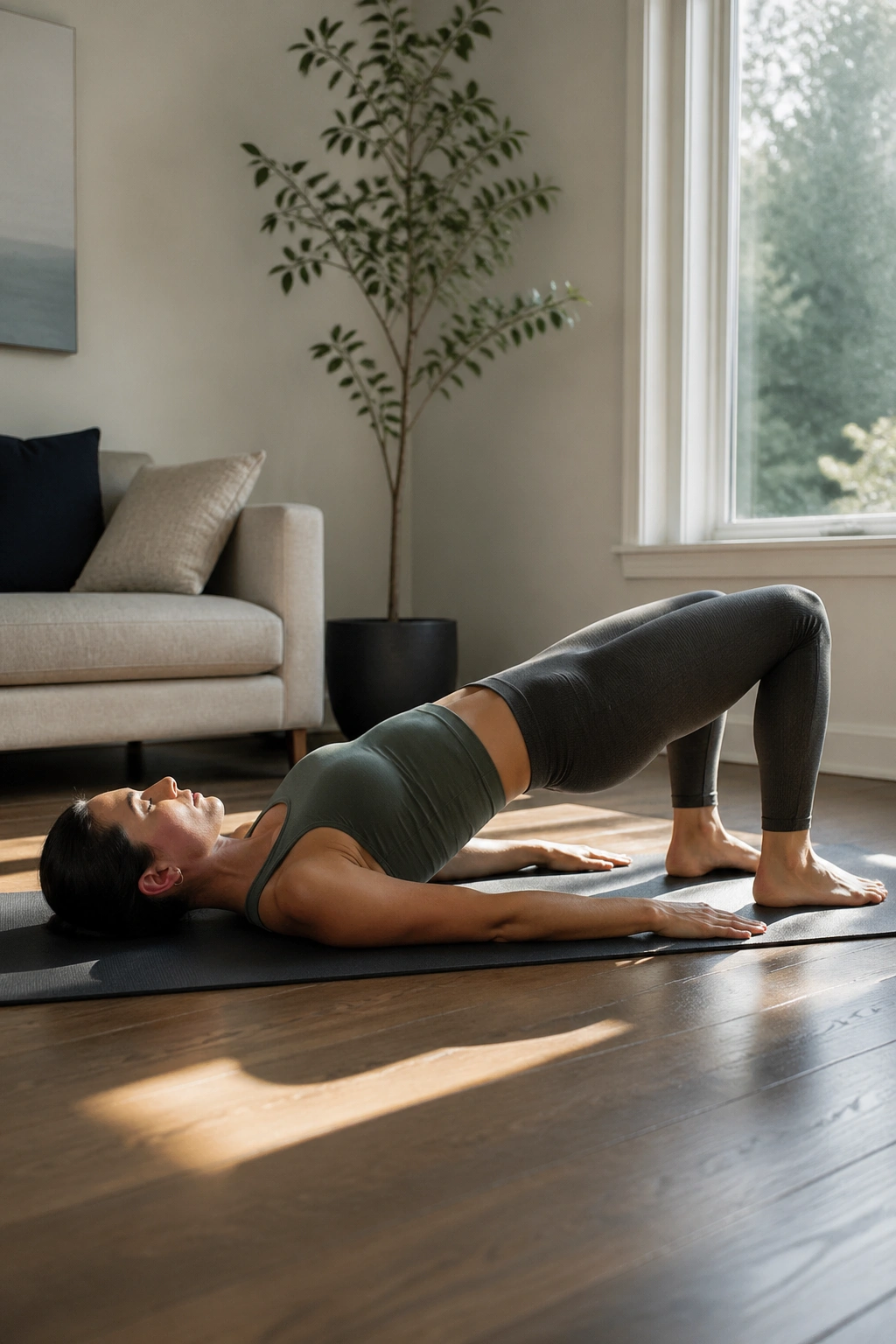 Medium close-up of a person performing pelvic tilts and bridge on a mat for lower back support