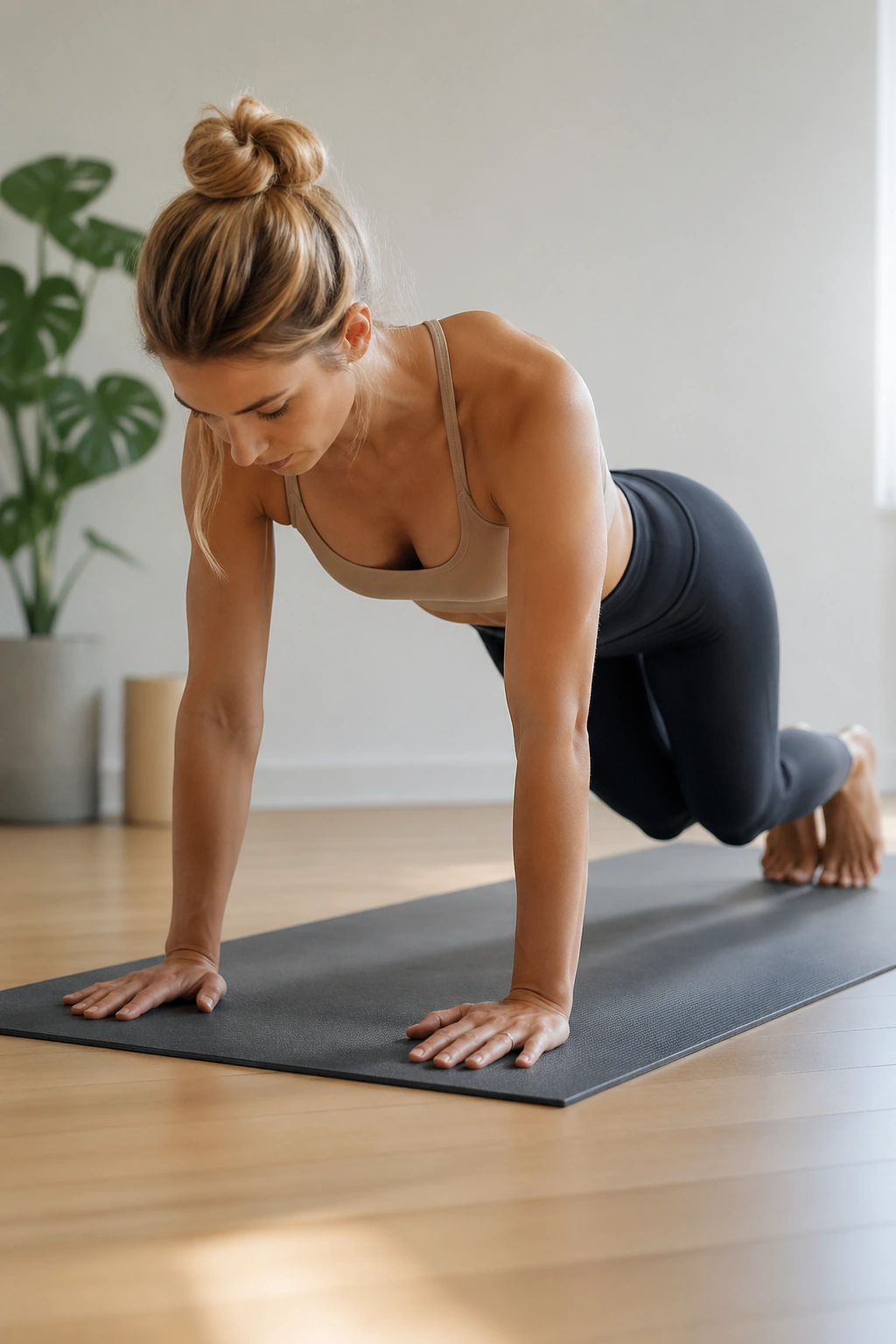 Person performing bear hover hold as part of lower-belly mat circuit