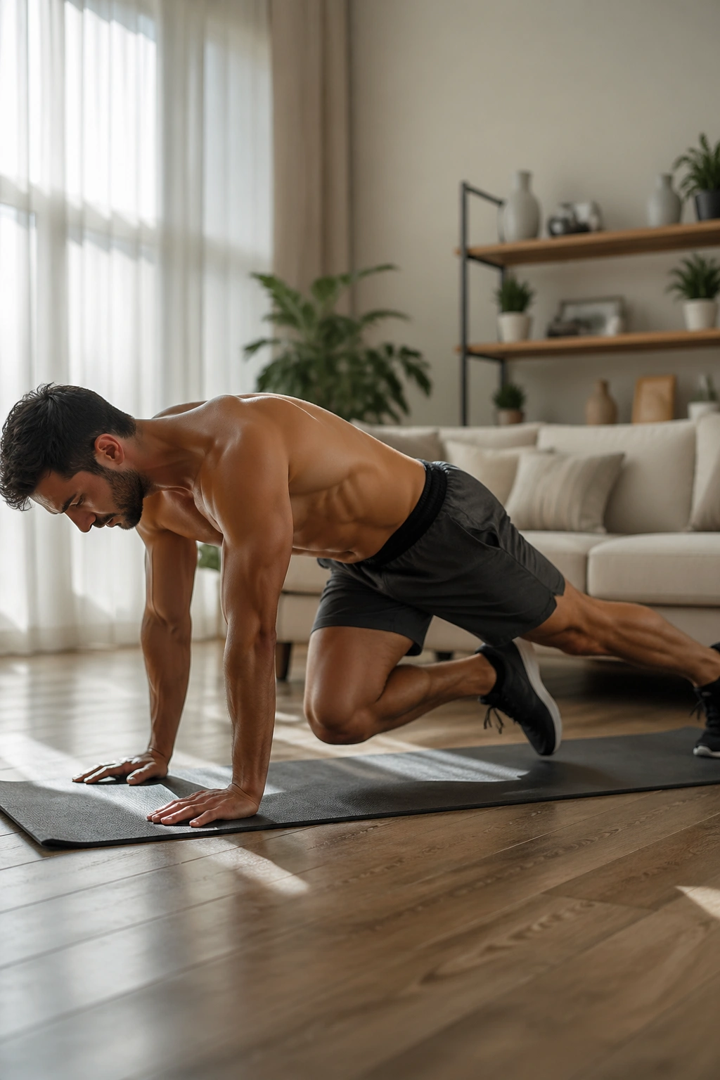 Person performing mountain climbers at home to target lower belly fat