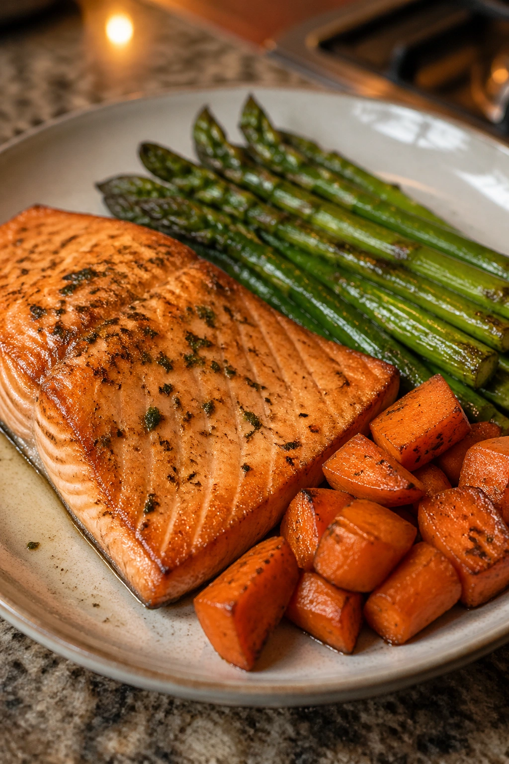 Close-up dinner plate with salmon, asparagus and roasted carrots on a kitchen counter
