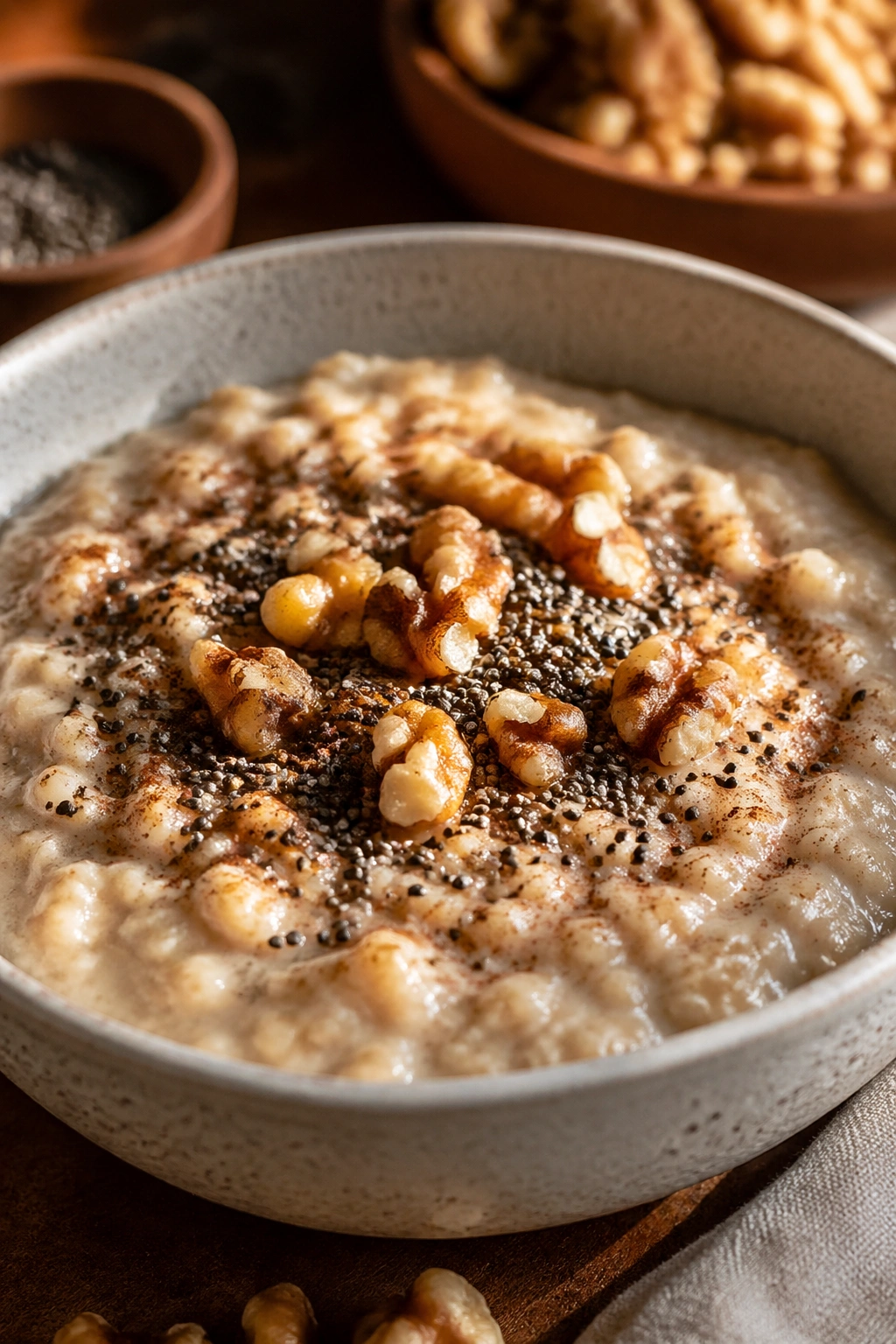 Close-up bowl of oatmeal with cinnamon, chia seeds and walnuts on a warm kitchen counter