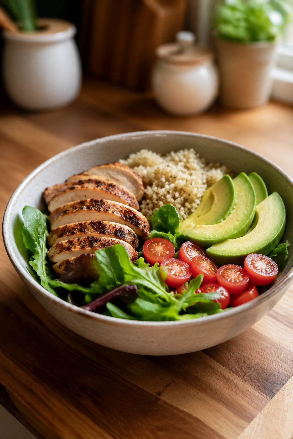 Close-up of a balanced lunch bowl with protein, vegetables, and carbs in a home kitchen