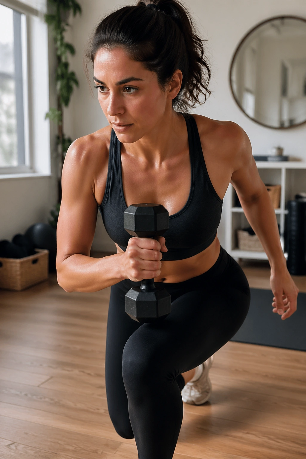 Close-up of a fit woman performing a 30-minute full-body circuit in a bright home gym