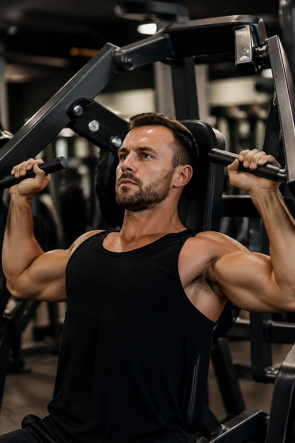 Close-up of a lifter using a shoulder press machine in a gym, shoulder engagement