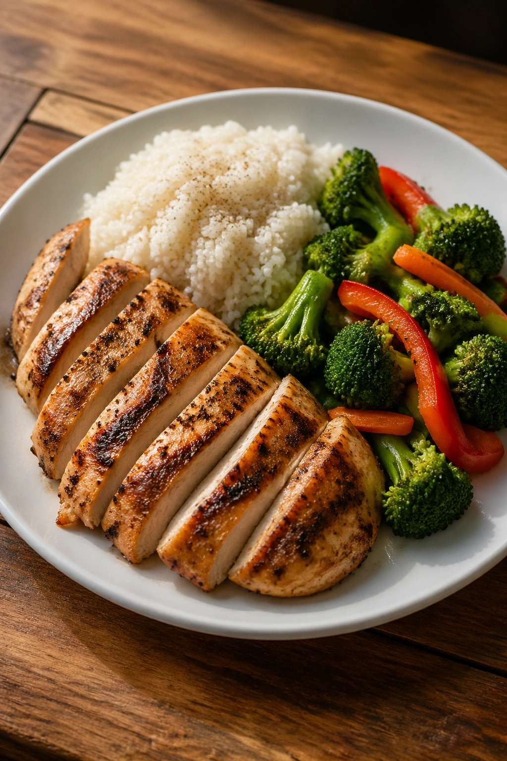 Plate showing macro-balanced meal with protein, carbs, and vegetables