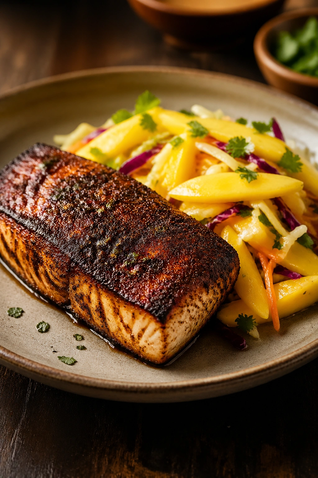 Mahi-mahi fillet with mango slaw on plate