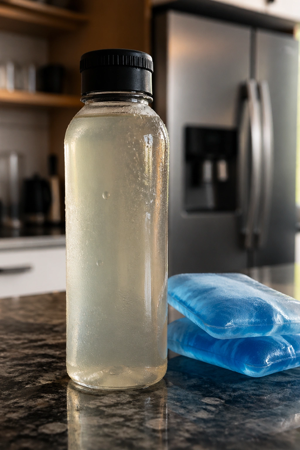 Close-up of a ready-to-go pre-workout bottle on kitchen counter