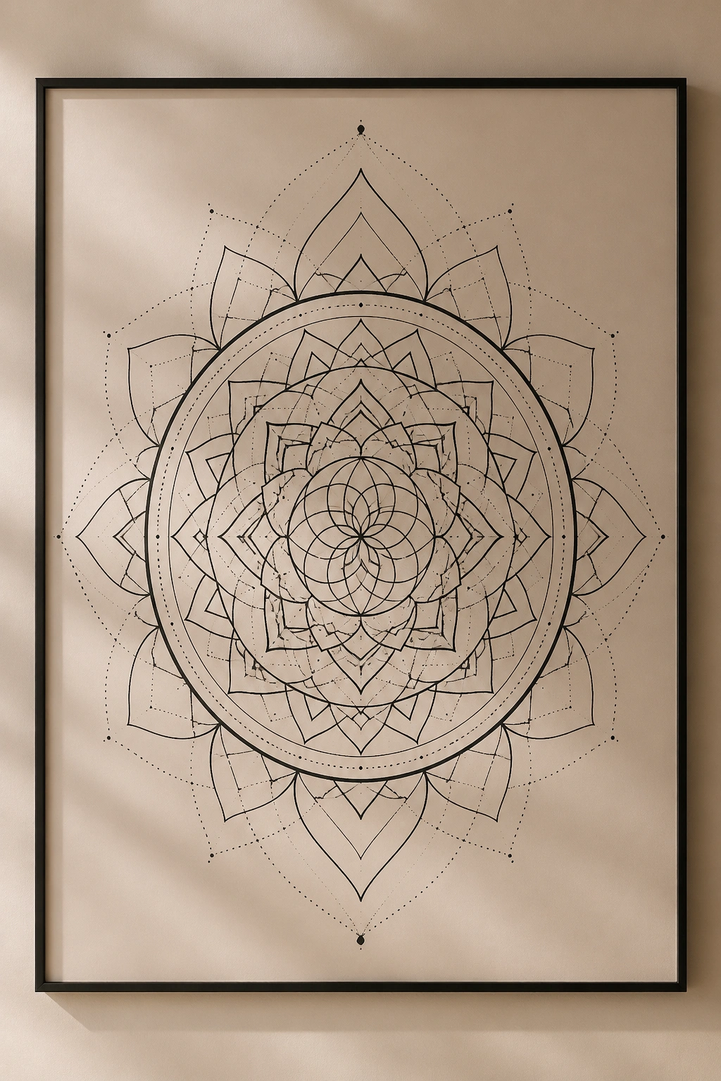 Close-up of a geometric mandala yoga wall poster on a calm studio wall.