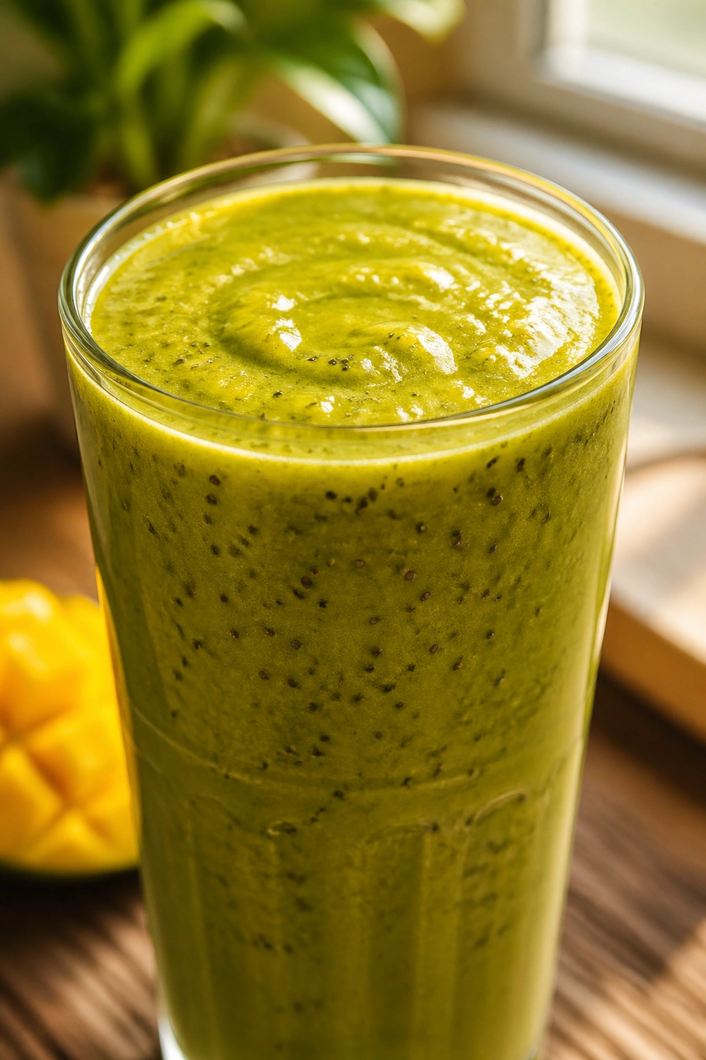 Close-up of a mango chia matcha belly fat smoothie in a glass on a morning-lit breakfast nook