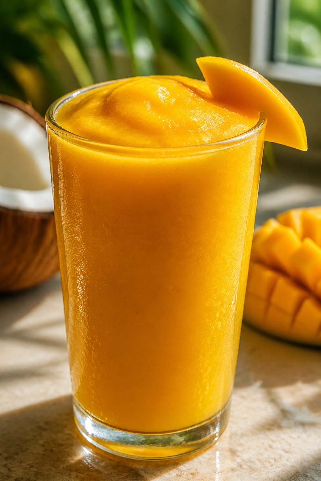 Close-up of mango coconut electrolyte smoothie in glass on sunny kitchen counter