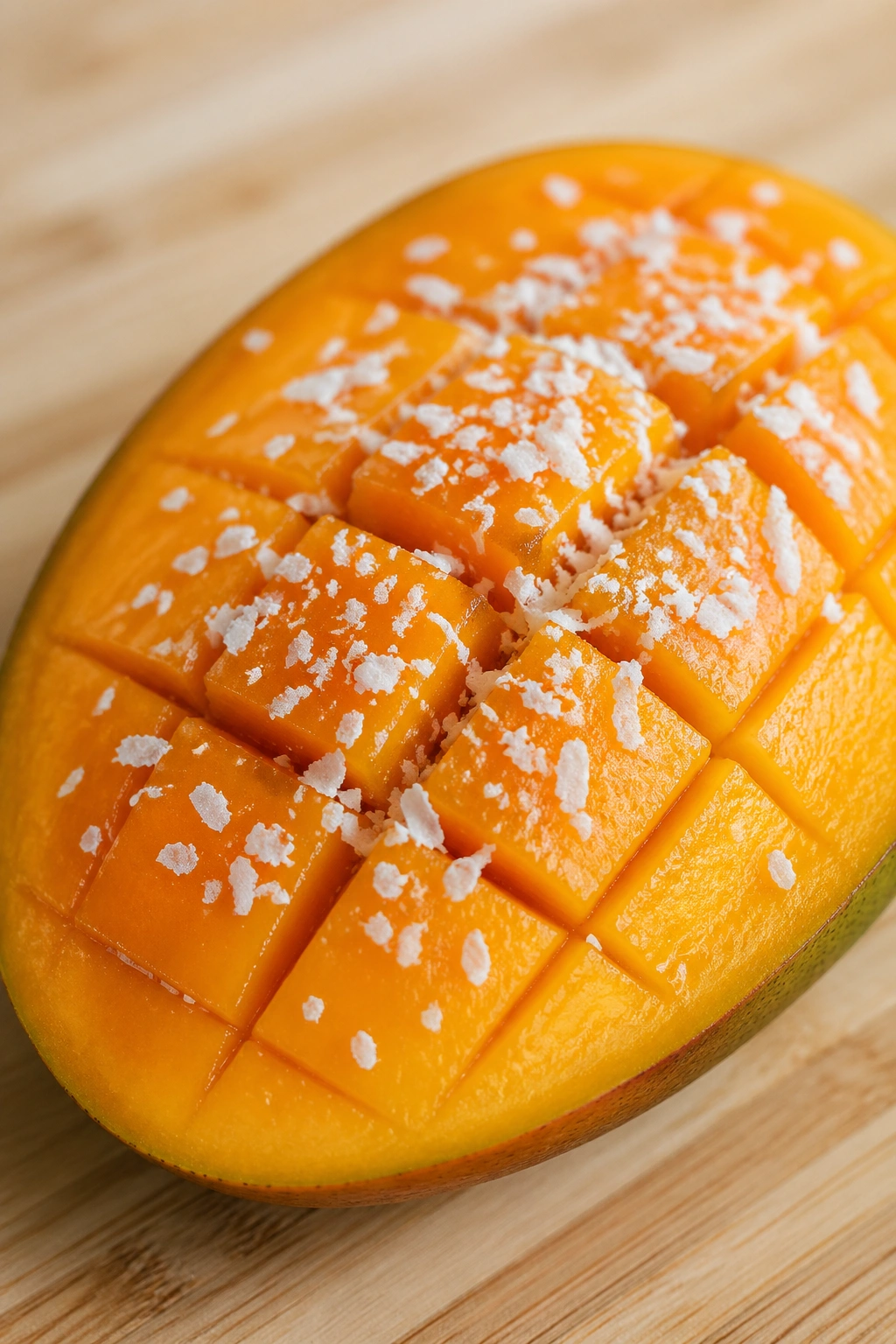 Mango half with coconut flakes on its surface, close-up
