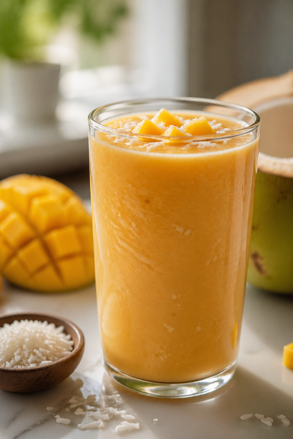 Orange mango coconut rice smoothie in glass on bright kitchen counter