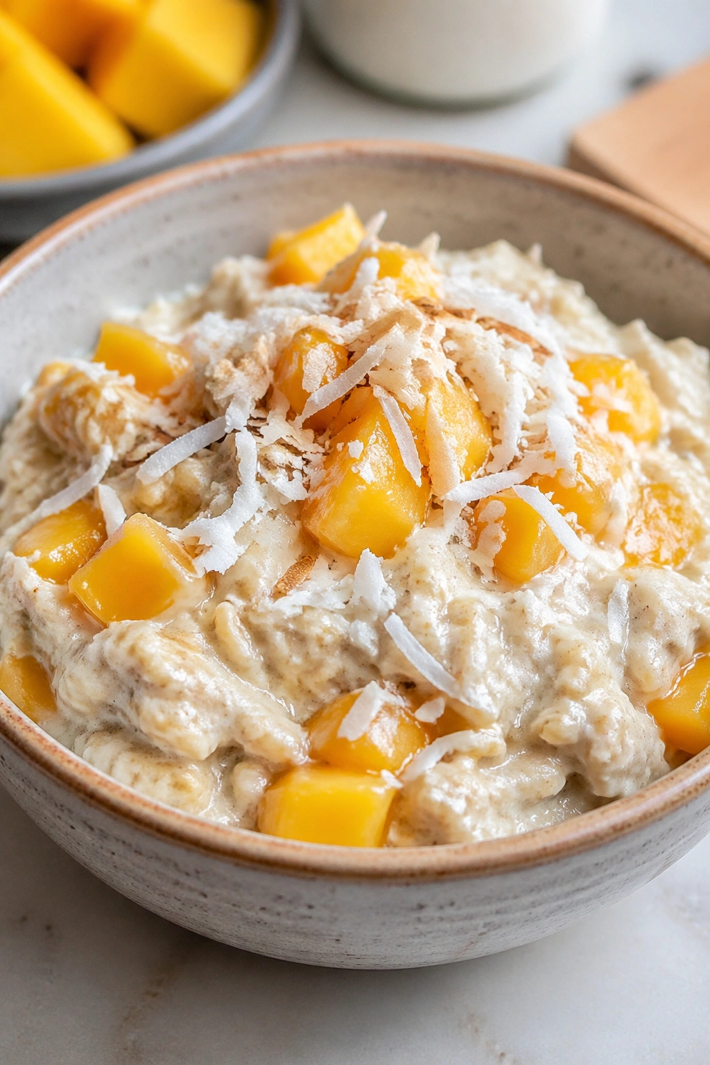 Close-up of Mango Coconut Skyr Oats with mango and coconut toppings in a bright kitchen