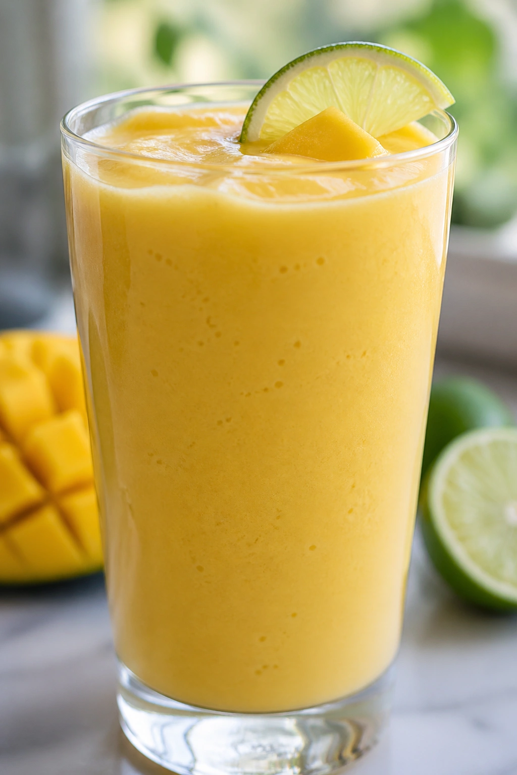 Close-up of Mango Lime Coconut Water Shake in glass with kitchen background