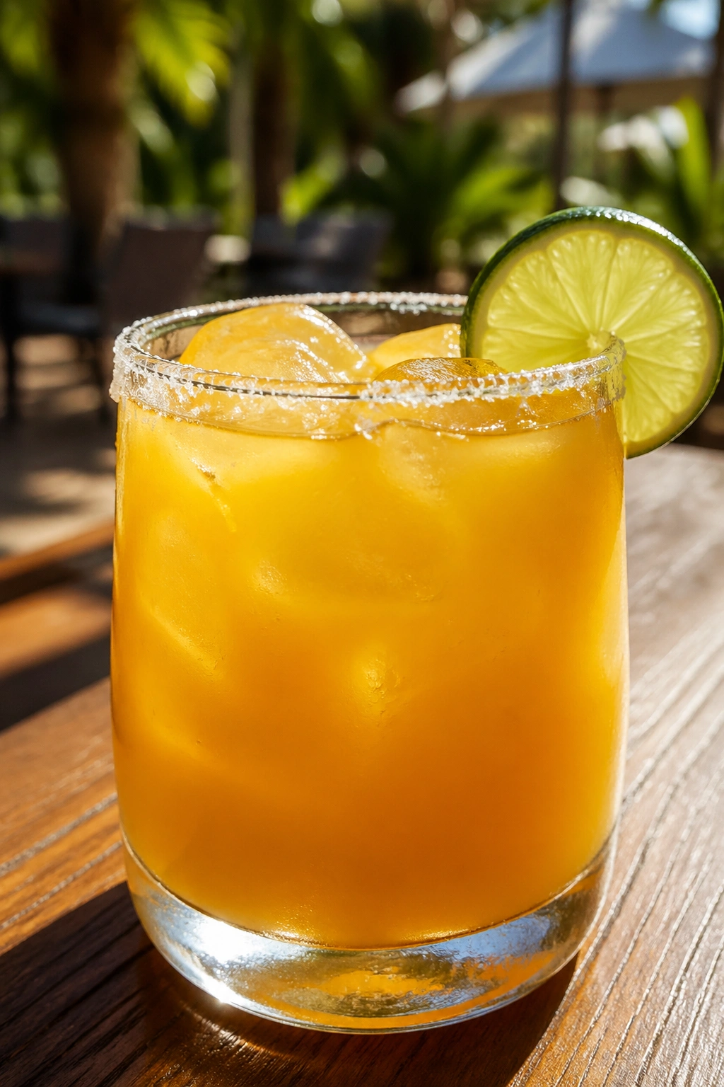 Glass of Mango Lime Sodium Splash with mango nectar and lime, on a bright outdoor table.