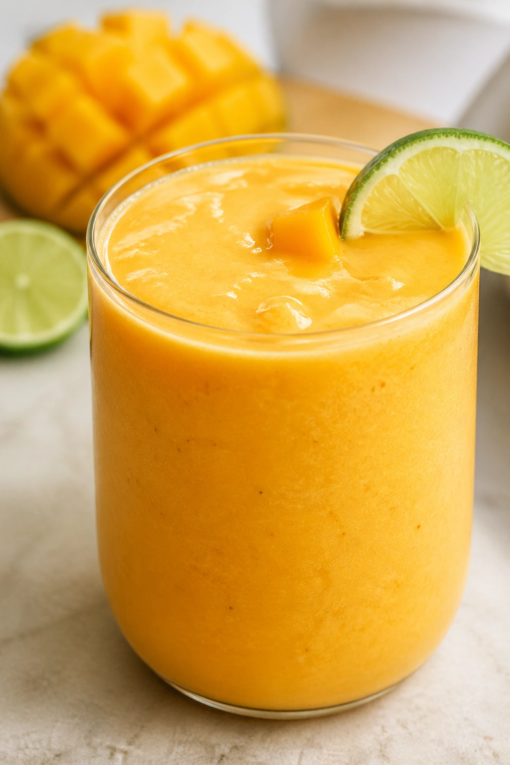 Close-up of mango lime yogurt smoothie in a glass with creamy texture.