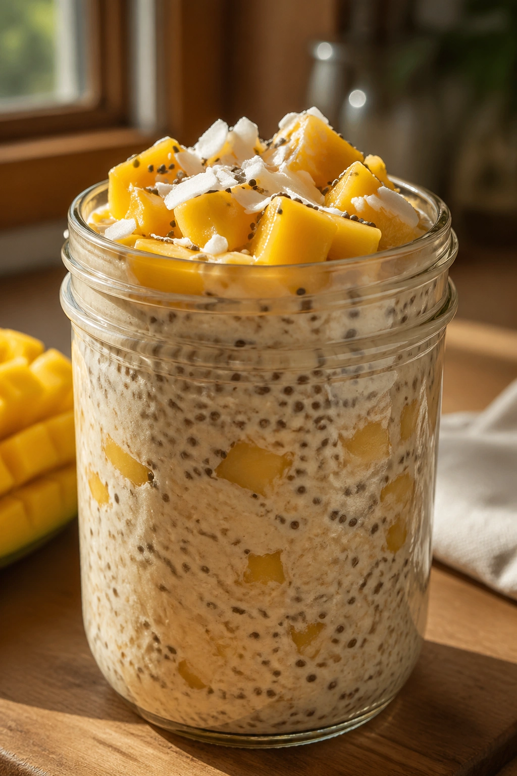 Close-up of Mango Coconut Chia Oats in a jar with mango and coconut toppings
