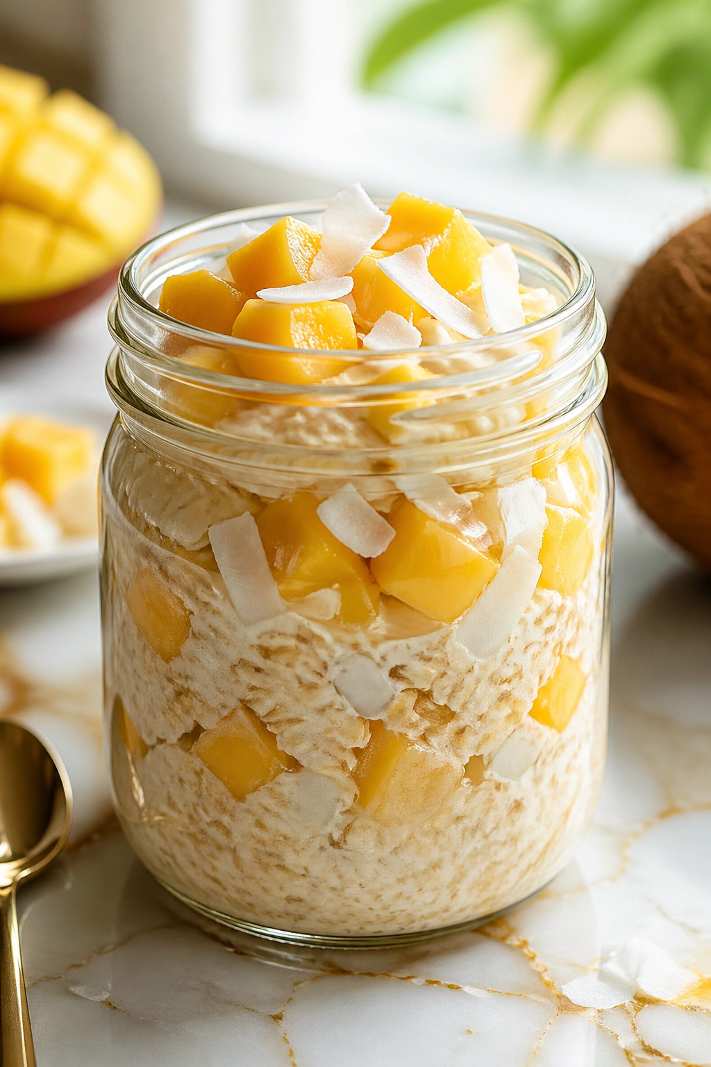 Jar of mango coconut light oats with mango pieces and coconut