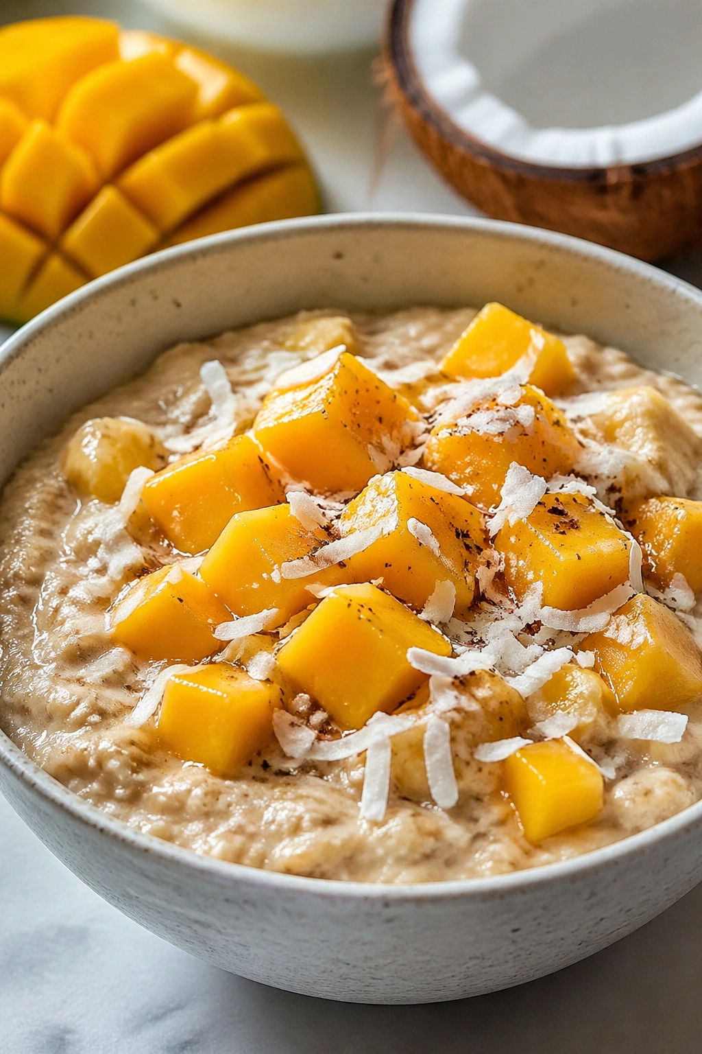Oatmeal with mango and coconut flavors in a bowl on a countertop