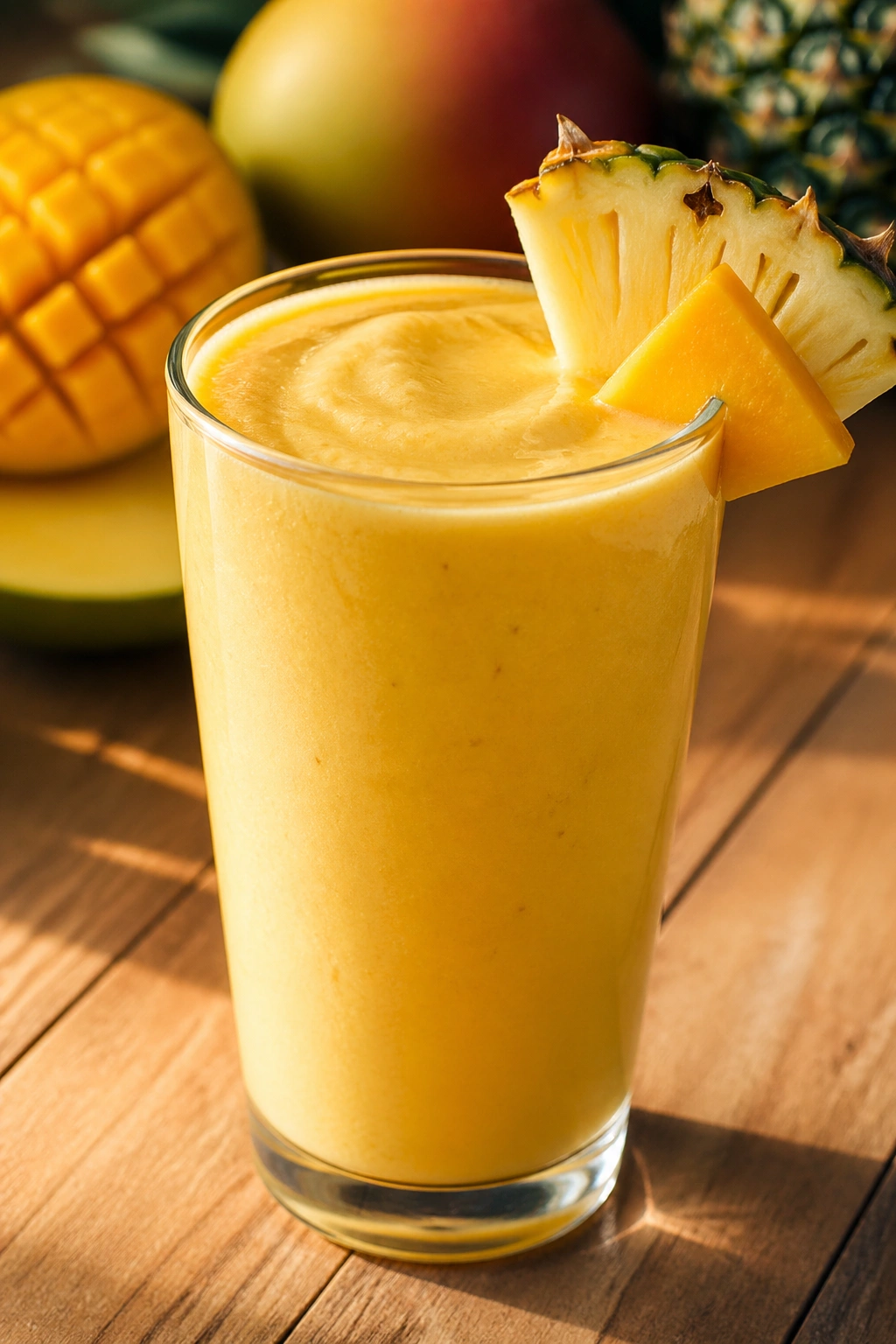 Close-up of tropical mango pineapple recovery smoothie in glass on sunlit table
