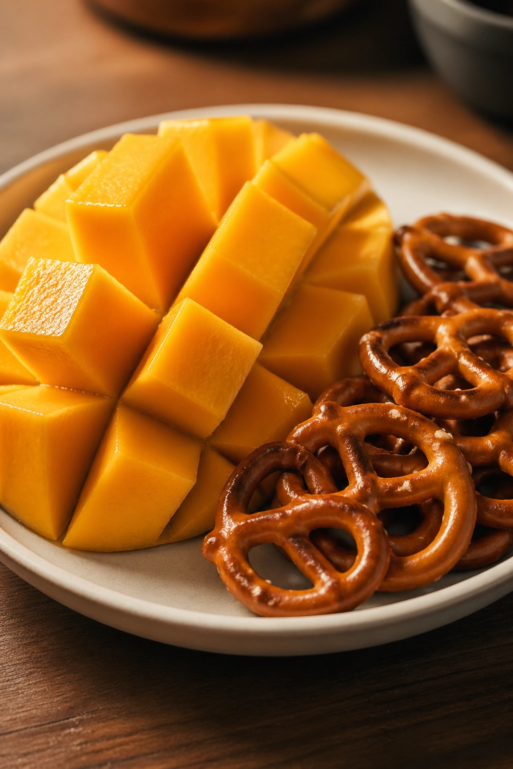 Ripe mango slices with pretzel twists on a plate