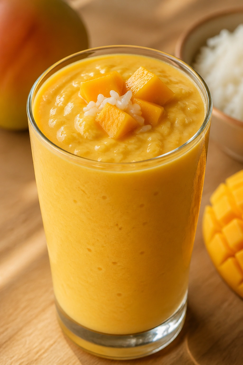 Bright orange mango rice smoothie in a glass