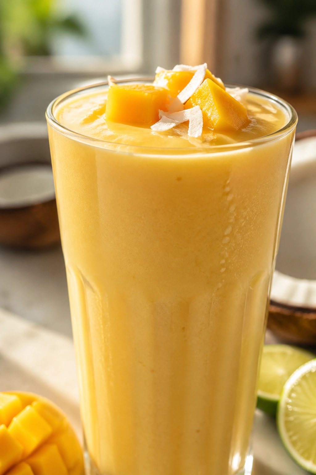 Close-up of tropical mango coconut shake in glass on kitchen counter