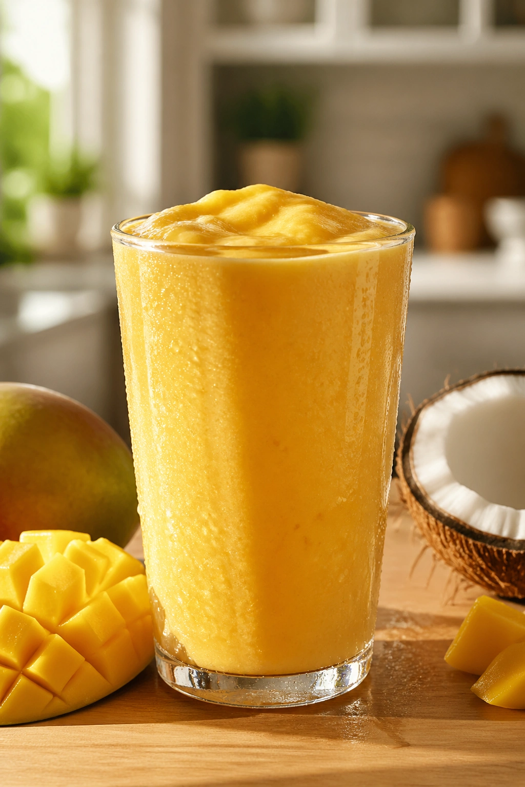 Close-up of tropical mango coconut smoothie in a glass on a sunlit kitchen counter