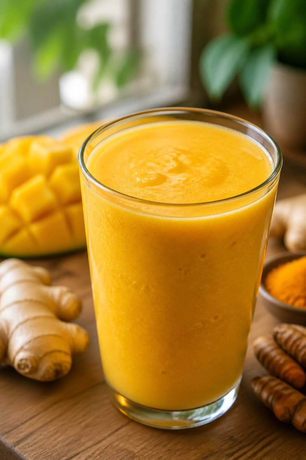 Close-up of Mango Ginger Turmeric Smoothie in a glass on a sunny breakfast nook