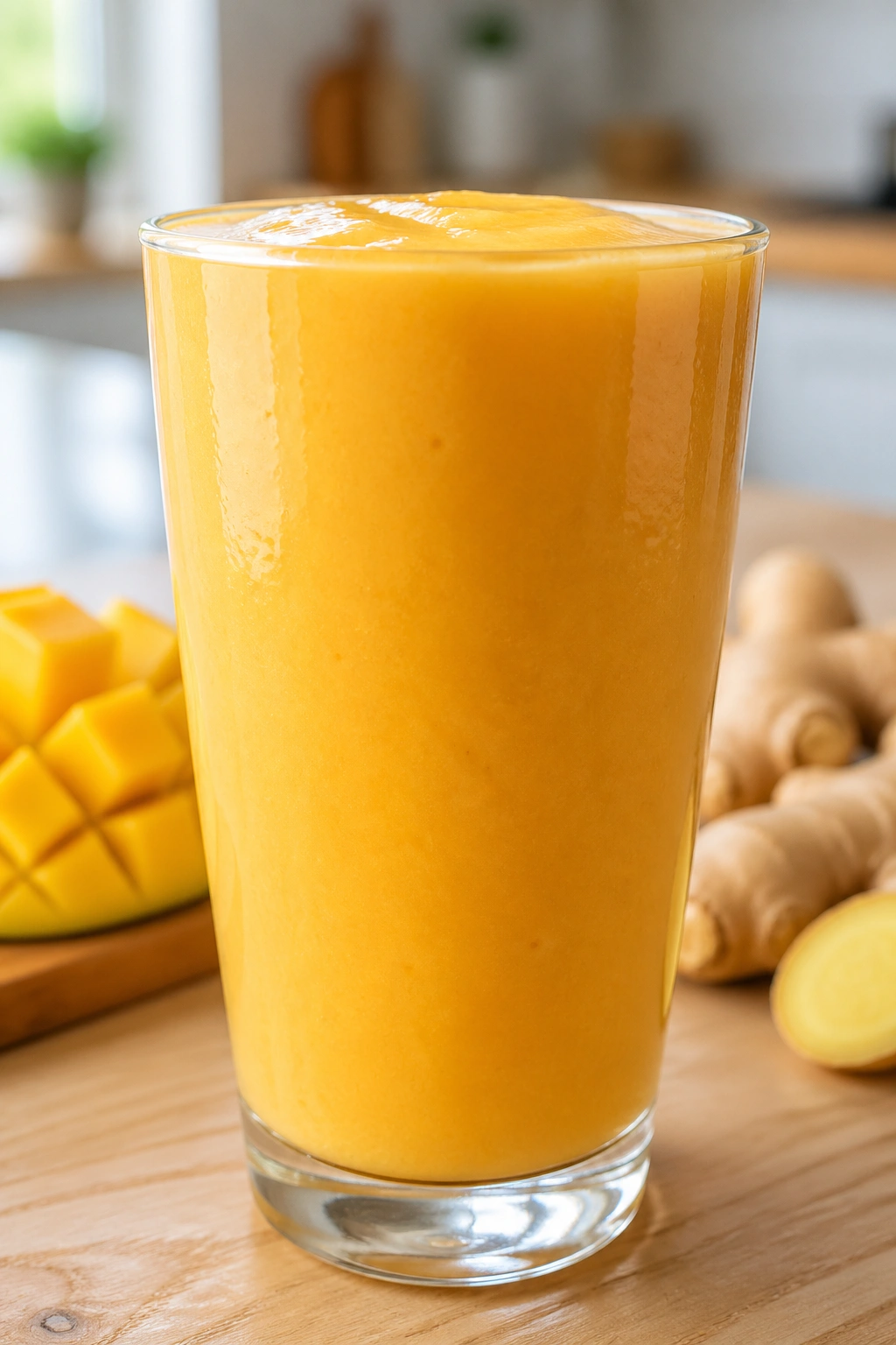 Close-up of Mango Tofu Ginger Smoothie in a glass on a bright kitchen counter
