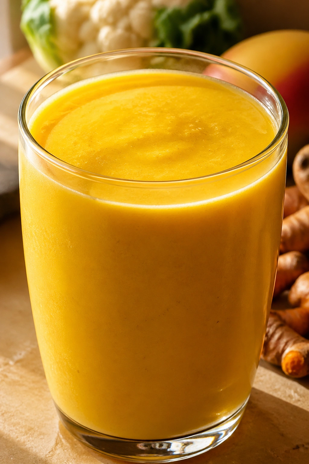 Close-up of a glass of mango turmeric cauliflower smoothie with bright golden color on a kitchen counter
