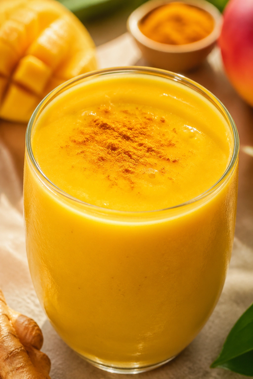 Close-up of a bright mango turmeric smoothie in a glass on a sunny kitchen counter