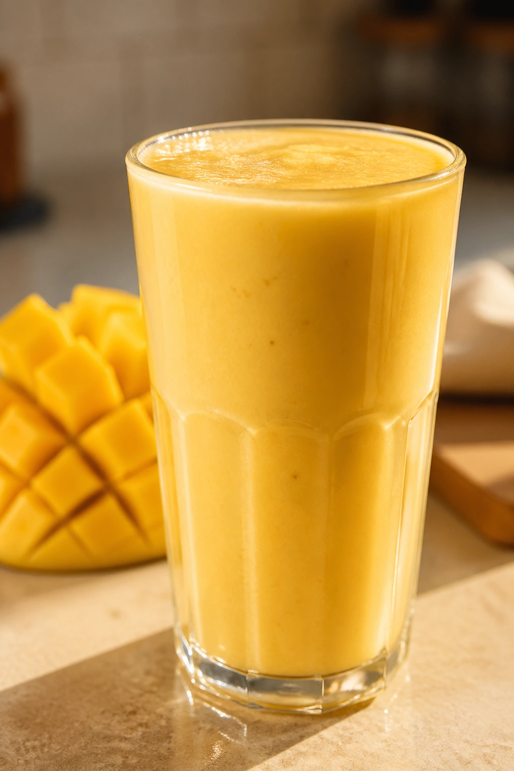 Close-up of mango turmeric tofu shake in a glass on a kitchen counter