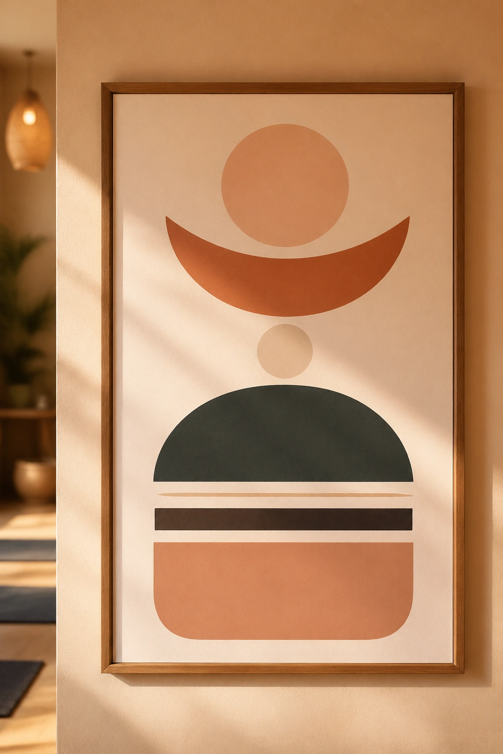 Abstract manifesto-style poster on a calm yoga studio wall.