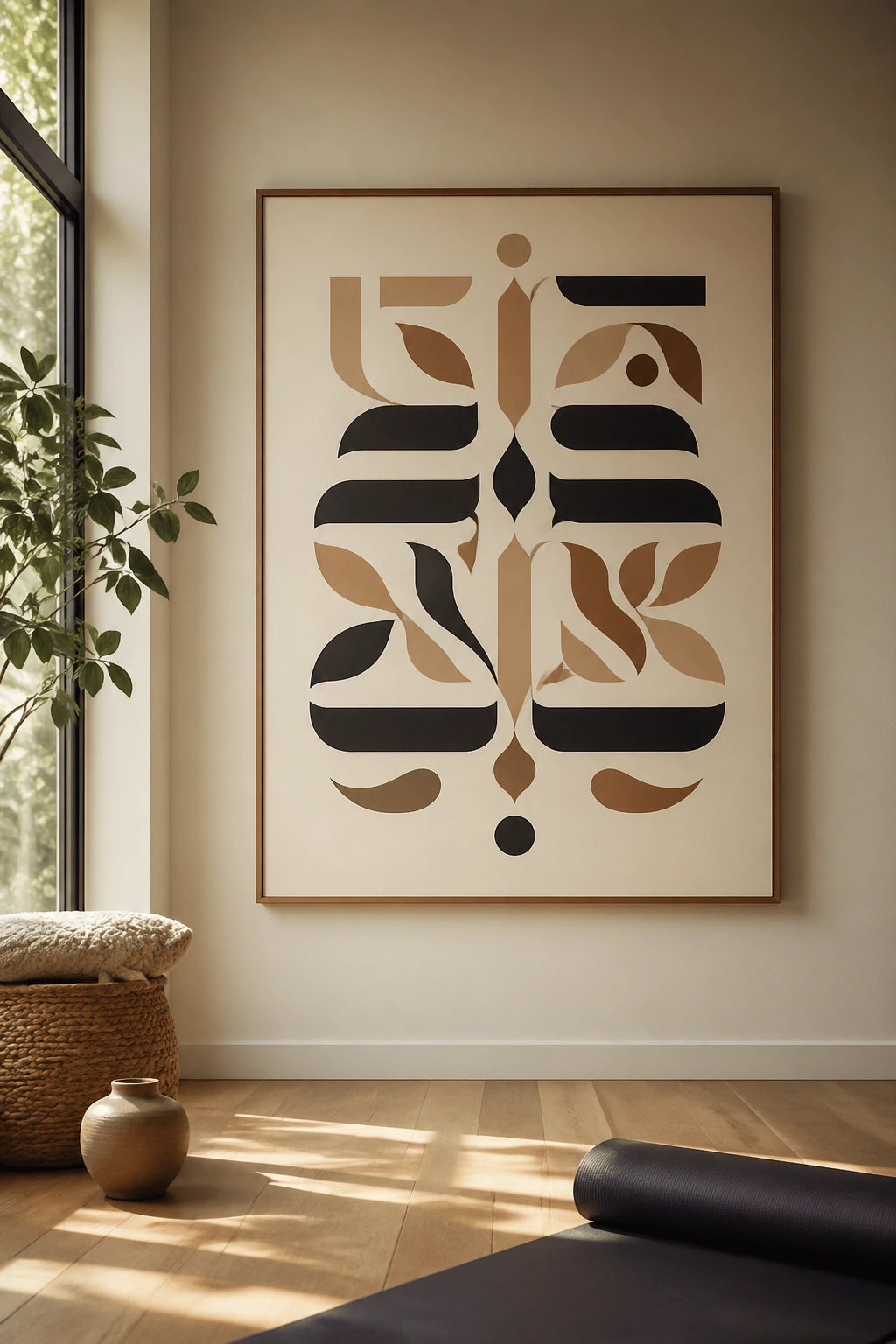 Abstract typographic-inspired poster evoking Sanskrit mantra without letters