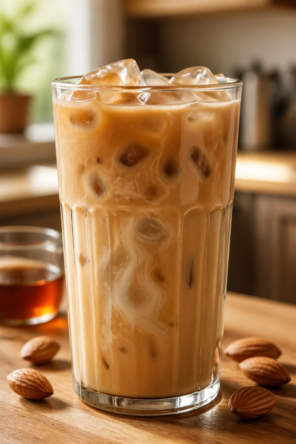 Close-up of Maple Almond Iced Coffee in a glass on a wooden kitchen counter
